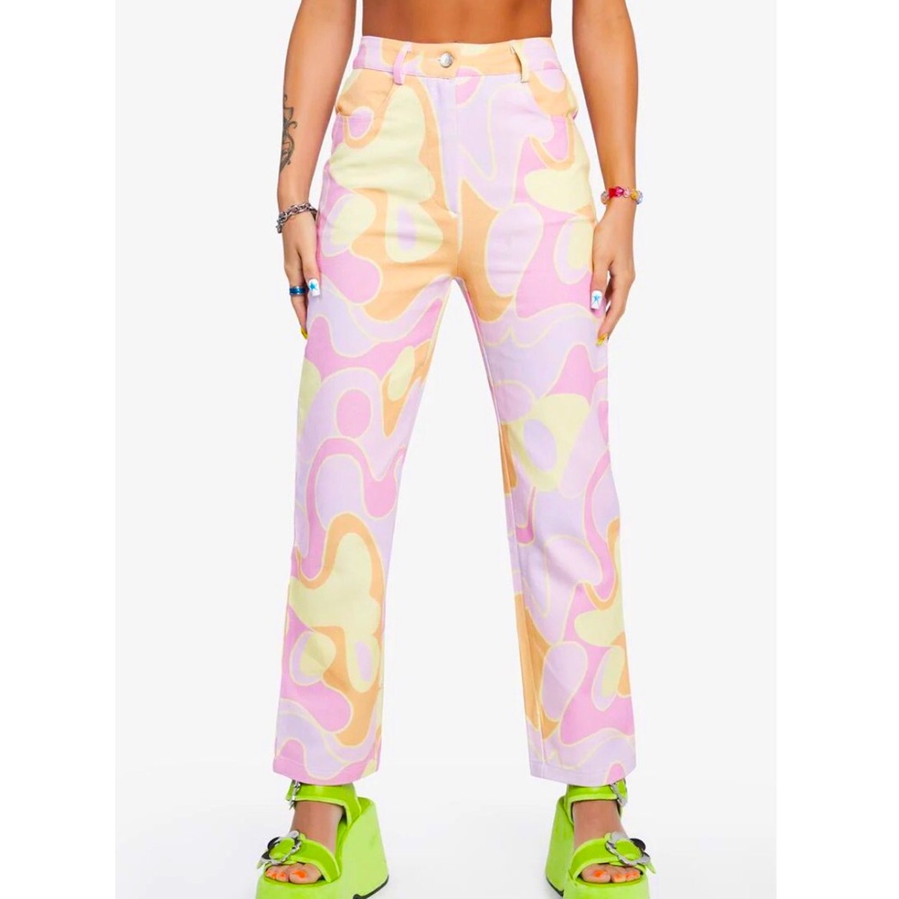 NWT Peppermayo Pacsun Retro High Waisted Printed Pants in Pink Yellow 2